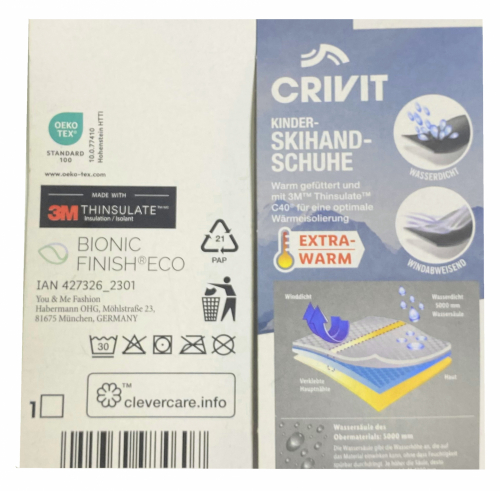 Перчатки 6   водонепроникні на мікрофлісі для дівчинки Crivit 393087-д чорний 76900