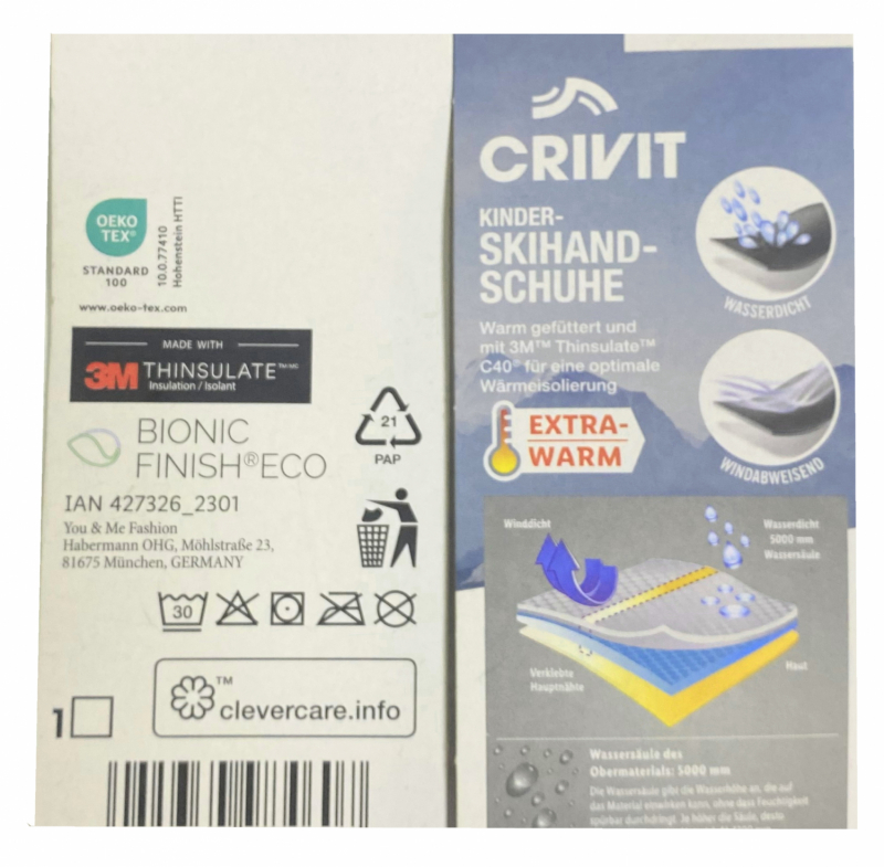 Перчатки 6   водонепроникні на мікрофлісі для дівчинки Crivit 393087-д чорний 76900